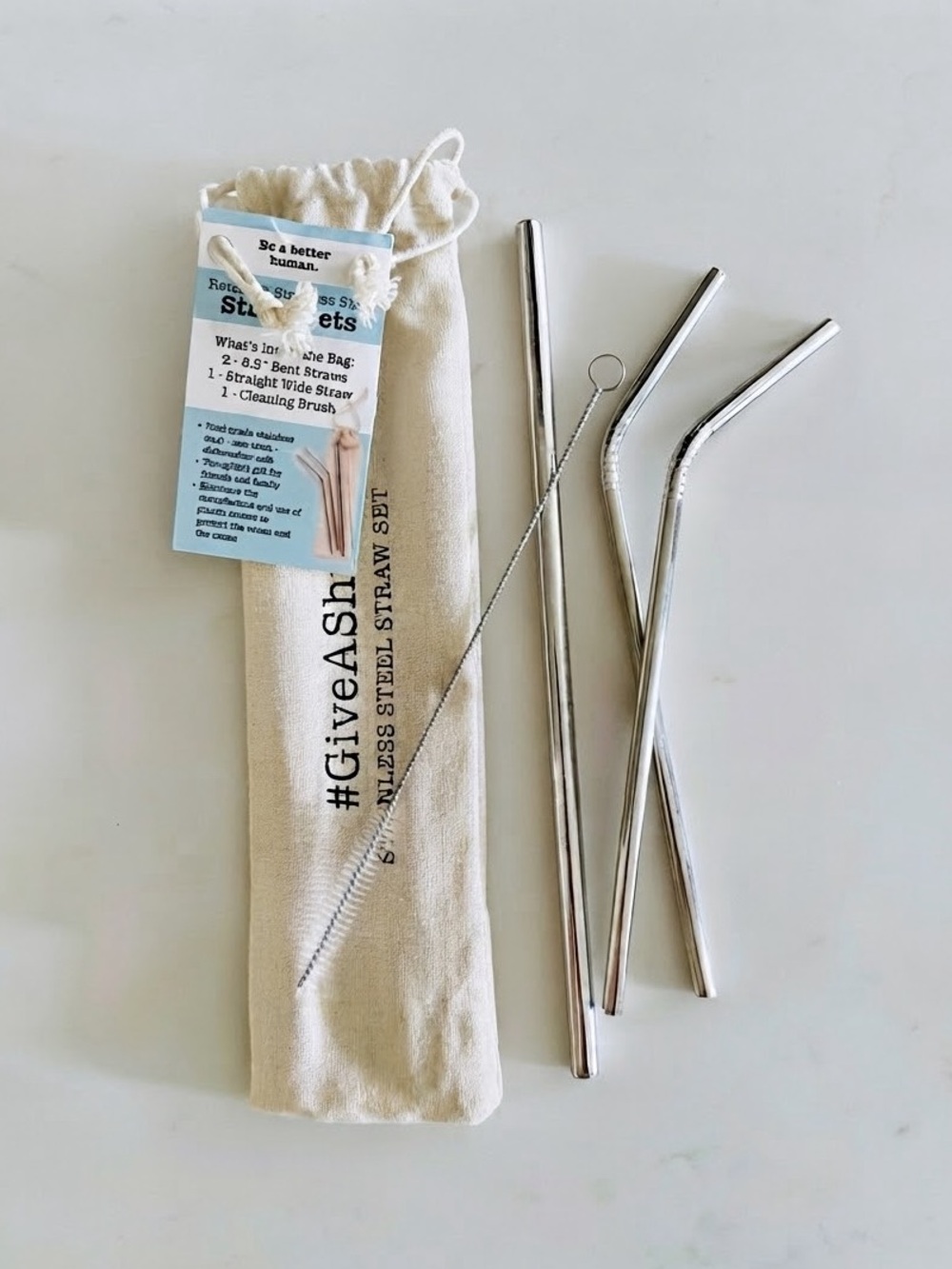 Shell Creek Reuseable Stainless Steel Metal Straw Set, Linen Straw Bag & Cleaner